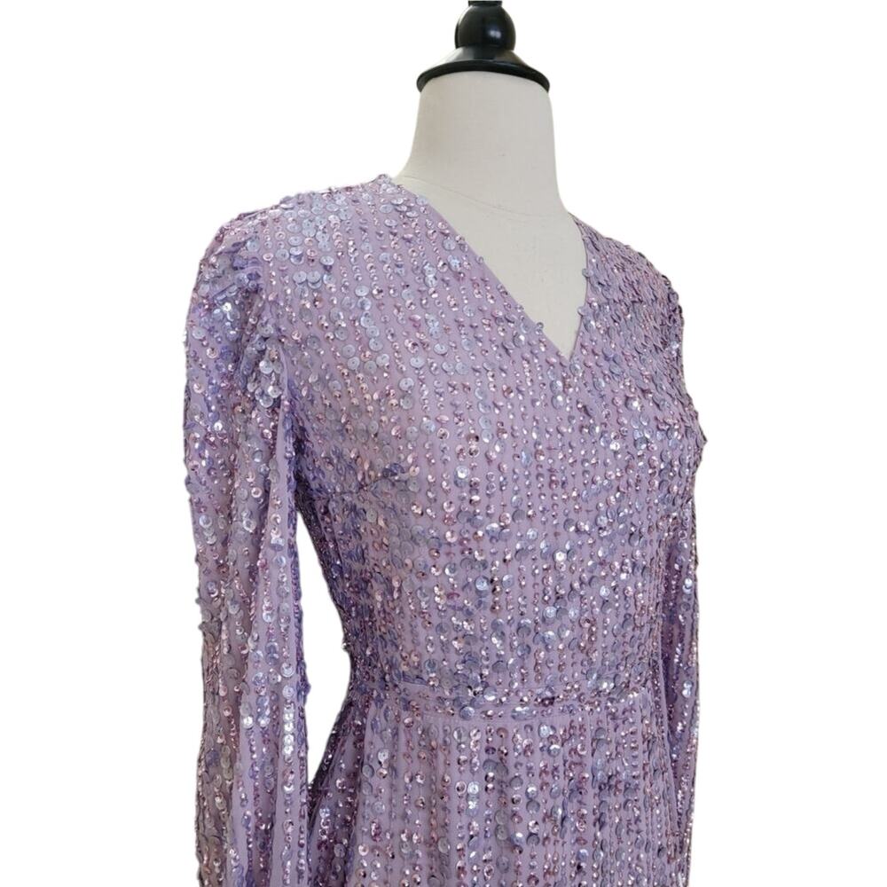 Mac Duggal 107641 Sequin Lavender Purple V Neck Long Sleeve Midi Dress 4 Gown - Picture 4 of 12